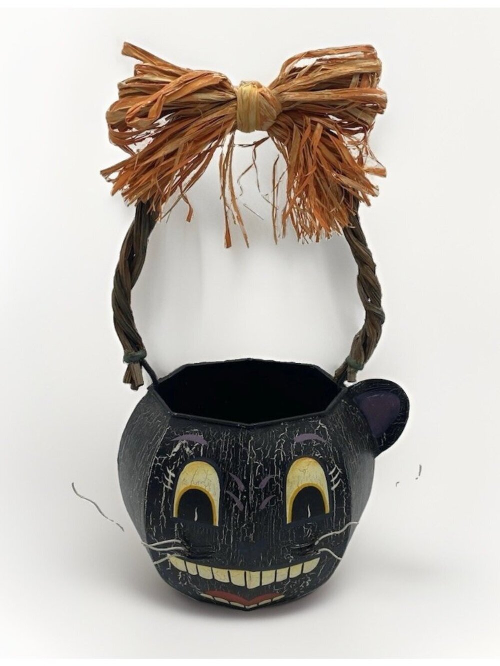 HTF Vintage Folk Art Black Cat Chester Face Halloween Metal Bucket Pail READ